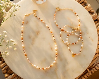 Ilvy | handmade pearl necklace, bracelet, anklet "Leyan" pink, brown, beige with freshwater pearls