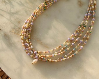 Ilvy | handgemachte bunte Perlenkette Halskette/Choker  in Pastelltönen aus Glasperlen | Edelstahl gold