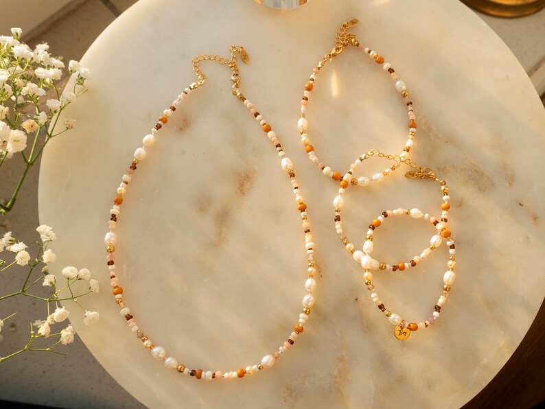 Ilvy handgemachte Perlenkette, Armband, Fußkettchen Leyan rosa, braun, beige mit Süßwasserperlen Bild 8