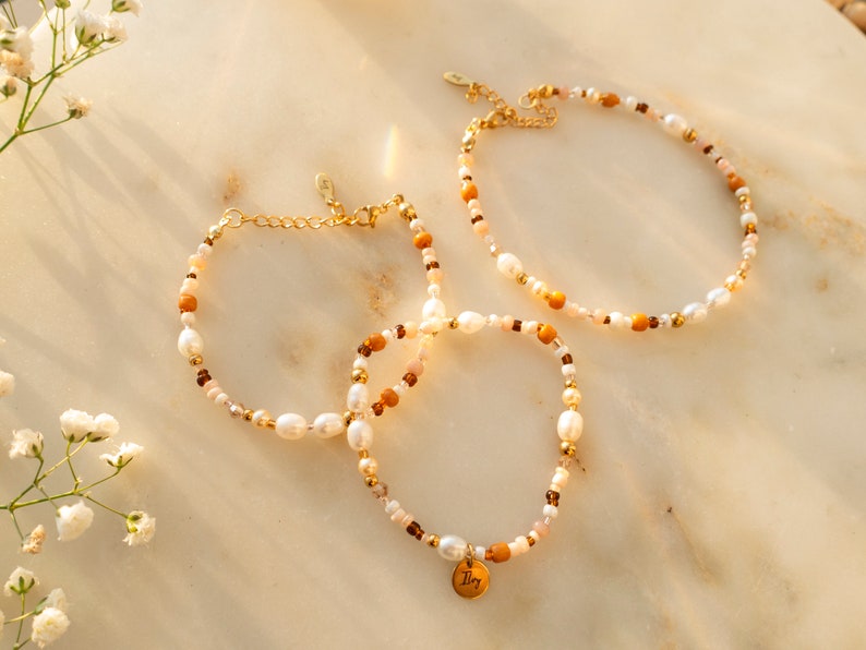 Ilvy handgemachte Perlenkette, Armband, Fußkettchen Leyan rosa, braun, beige mit Süßwasserperlen Bild 4