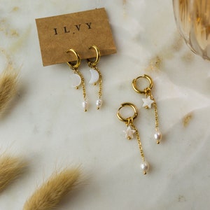 Ilvy | Mix & Match golden creole 1 earring stainless steel gold with pendant - moon, star made of shell and freshwater pearl