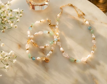 Ilvy | handgemachte Perlenkette und Armband "Derija" aus Edelsteinen  und Süßwasserperlen | Jade, Achat, Citrin, Aquamarin, Rosenquarz