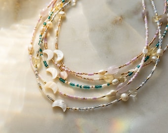 Ilvy | Handmade pearl necklace with moon, glass pearls, freshwater pearls and citrine gemstone in different colors