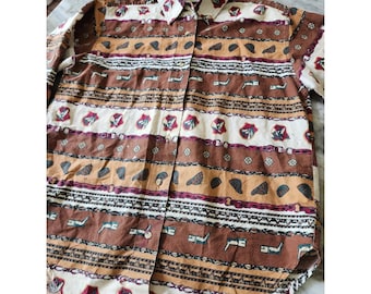 Vintage herenshirt uit de jaren 90 paardensport paard met kettingprint en knoopsluiting, bewerkt in M