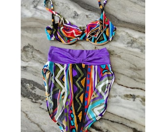 ZELDZAAM!! DeWeese vintage jaren 80 hoog getailleerde bikiniset met abstracte geometrische print
