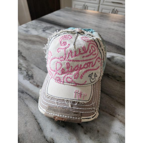 Y2K VTG True Religion Spell Out Hat Pink Embroidery Leather  display picture 1