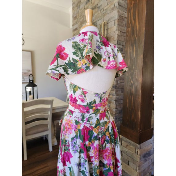 Vintage Rhonda Harness Foxy Lady Cotton Floral Dress Open Back Fit Flare Midi