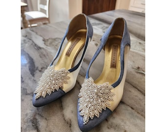 Y2K 90s Pearl Beaded Mesh Kitten Heels Coquette Bridal Chic Regencycore