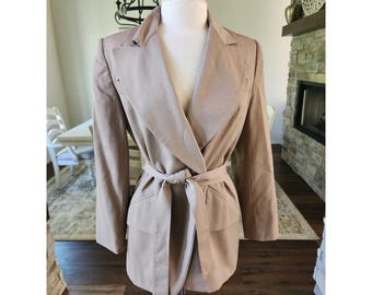 Vintage 100% Pure Wool Wrap Blazer Jacket Tan Beige Belted Made in USA
