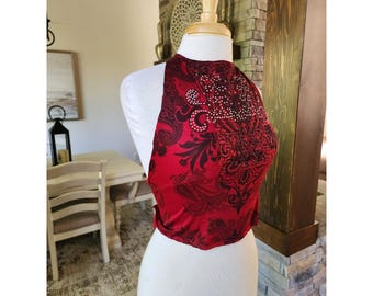 Red Rhinestone Embellished Halter Tie Back Crop Top Y2K Boho Reworked Festival