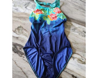 Vintage 90s St. Tropez Floral Hibiscus Ombre One Piece Swimsuit Blue Size 10