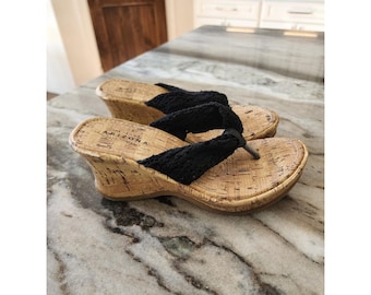 Y2K 90s Womens Black Crochet Cork Wedge Flip Flop Chunky Bratz Size 7