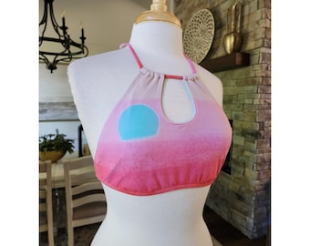 VTG Y2K Billabong Andy Warhol Sunset Ombre Halter Bikini Top Pink Blue Medium
