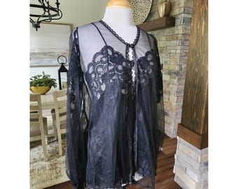 Vintage svart spets transparent mesh underkläder Chemise morgonrock 2-delad nattlinne Whimsigoth