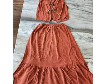 Jackie O Vintage 60s 2 Piece Ruffle Skirt Set Vest Boho Western Cowboy
