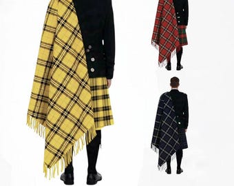 May include: Three men wearing traditional Scottish attire, including kilts and tartan shawls. The kilts and shawls display various tartan patterns in yellow, red, and blue. The image also shows a chart of Scottish tartan patterns.