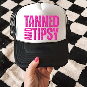 Pink Tanned & Tipsy Black And White Graphic Trucker Hat for Women | Adjustable Summer Snapback | Trendy Girly Cap