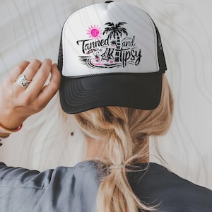 Summer Tanned And Tipsy Black And White Graphic Trucker Hat for Women | Adjustable Summer Snapback | Trendy Girly Cap | Snapback Trucker Hat