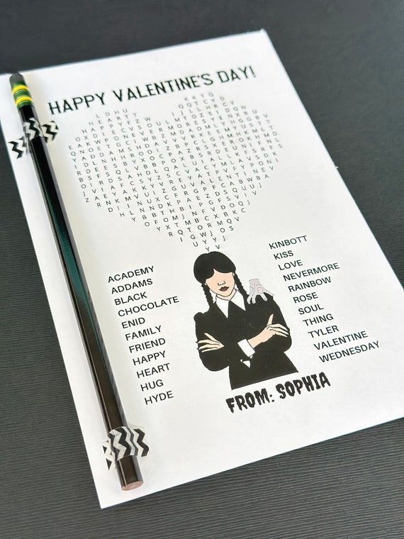 Wednesday Addams Valentines Day cards for kids, school valen