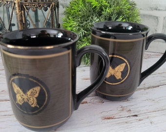 Vintage 1980&#39;s Otagiri Papillon Butterfly Mug- Set of 2  Black & Gold-  Japanese Stoneware