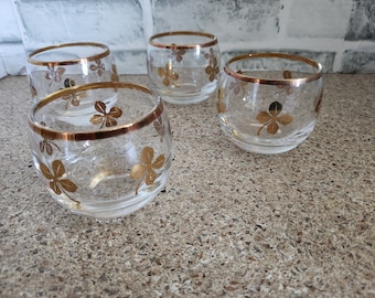 Federal Glass 24K Gold Leaf- MCM Vintage 1950's Glass Barware Juice Glasses (Frosted with 24K Gold Lucky Clover - Set of 4