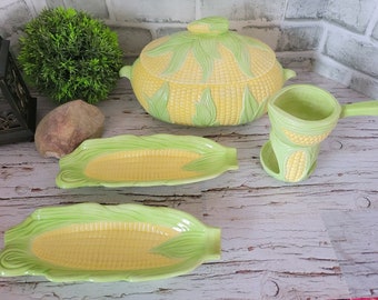 Ceramic Corn Set- Vintage 1970&#39;s Corn Kitsch Hand-painted Set with Large Serving Pot & Lid, 2 Piece Butter Warmer and 2 Corn Trays