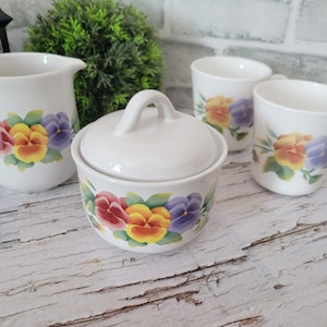 Corelle Vintage 1980&#39;s Pansy Set- Cream & Sugar Bowl with Lid, and 2 Coffee/Tea Cups