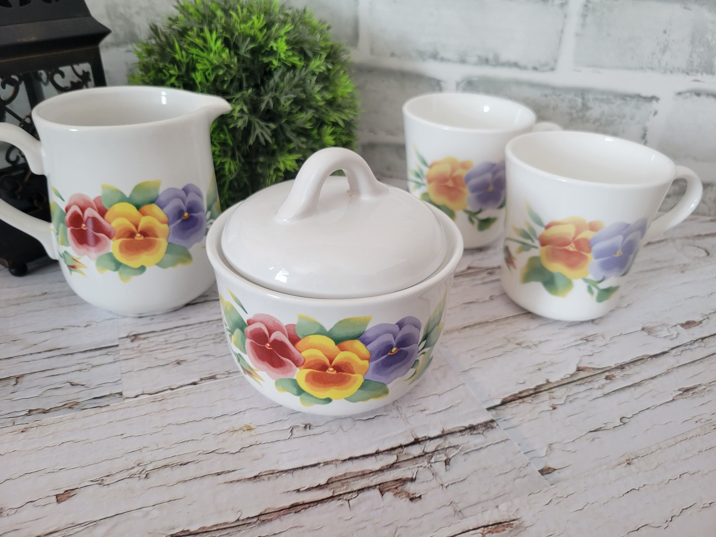 Corelle Vintage 1980's Pansy Set- Cream & Sugar Bowl with Lid, and 2 Coffee/Tea Cups