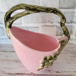 Hull Pottery Tokay RARE- Vintage 1950&#39;s Pottery Pink and Grape Design Basket Vase