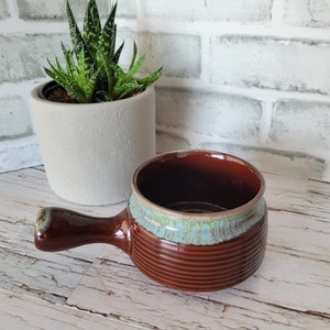 Stoneware RARE Vintage 1970&#39;s Individual French Onion Soup Pot with Blue Drip Glaze(no lid)- Made in Japan