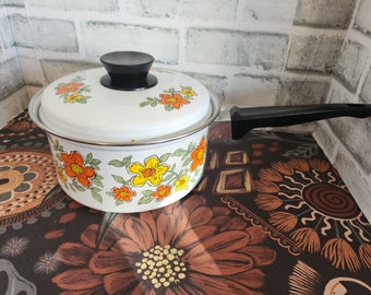 ZELDZAME- Vintage JAPAN- MCM Floral Enamelware-1970's 14,5" Pot met deksel