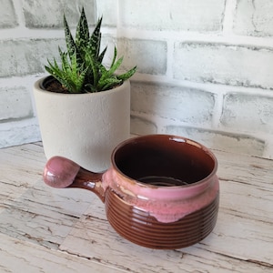 Stoneware RARE Vintage 1970&#39;s Individual French Onion Soup Pot with Pink Drip Glaze(no lid)- Made in Japan