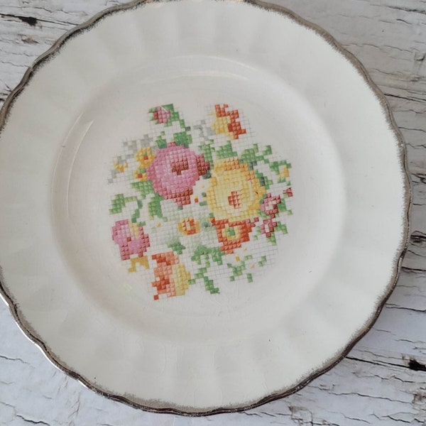 RARE Sovereign Canada British Empire Made- Vintage 1940's Saucer Cross Stitch Needle Point Floral Pattern-Gilded Trim Scalloped Rim