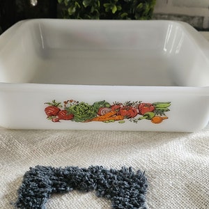 Glasbake Vintage 1970&#39;s 8&quot; Milk Glass Casserole Dish with Harvest Fruit Pattern- J2428