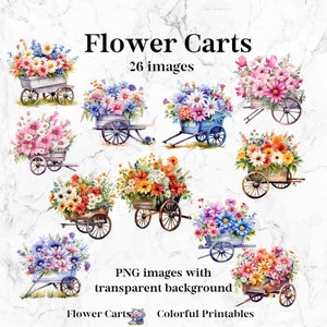 26 の美しい水彩画の花カート PNG グラフィック (印刷および昇華用、透明な背景、商用利用、PLR)
