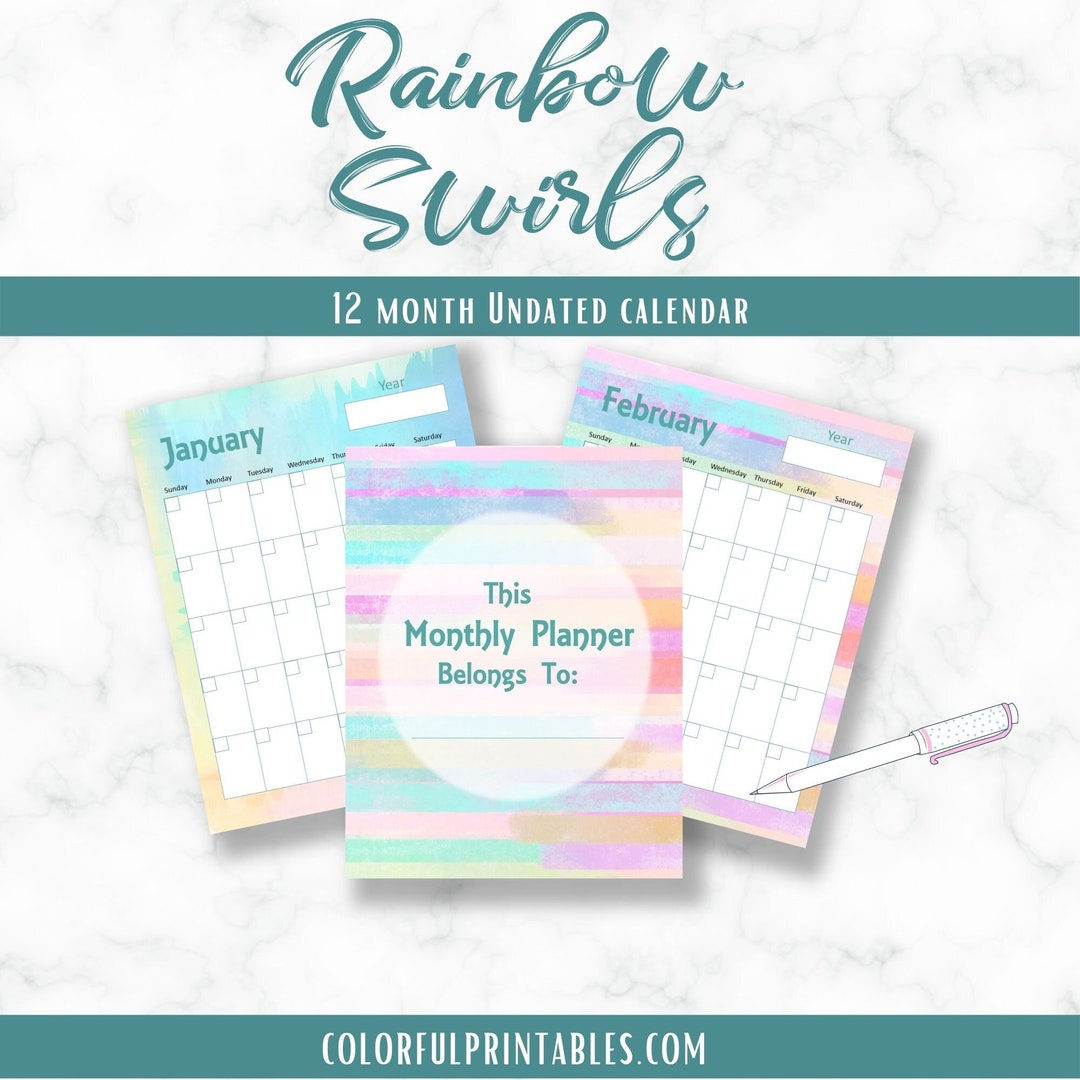 Rainbow Swirls Undated Calendar Sunday Start Date PDF - Etsy