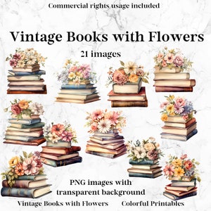 Pode incluir: Um conjunto de 21 imagens digitais que apresentam livros vintage com flores. As imagens estão em formato PNG com fundos transparentes. Os livros estão empilhados e decorados com várias flores coloridas.