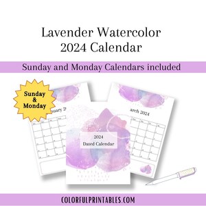 2024 Lavender Watercolor Monthly Dated Calendar includes Sunday and Monday start of week