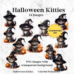 帽子をかぶった愛らしい水彩画のハロウィン猫14匹のPNGグラフィック（印刷・昇華用、透明背景、商用利用可）