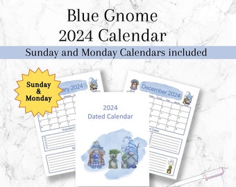 Blue Gnome Dated 12 page calendar PDF with bonus Note paper - Digital Download