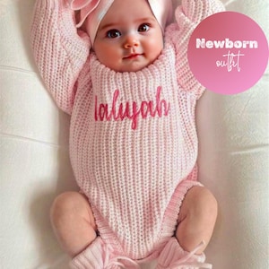 Custom embroidered baby romper, Knitwear chunky romper, Newborn pink romper baby girl announcement, Newborn gift, Custom baby outfit for kid