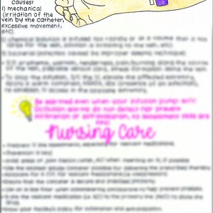 May include: A hand with an IV inserted into a vein. The image is labeled "phlebitis" and "inflammation of the vein". The text below the image lists three primary causes of phlebitis: mechanical, chemical, and bacterial.