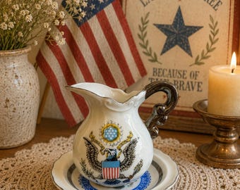 Vintage Americana Mini Pitcher and Plate Set, Patriotic Cottage Decor, Bicentennial Eagle Creamer, Shabby Chic Colonial Shelf Decor
