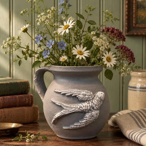 Vintage Swallow Pottery Pitcher, Gray Bird Vase, Rustic Folk Cottage Decor, Flying Bird Ceramic Jug, Country Cottage Vase