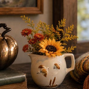 May include: A cream-colored ceramic pitcher featuring embossed relief designs of flying birds and cattails, filled with a bouquet of yellow sunflowers, orange chrysanthemums, and small yellow sprigs of goldenrod foliage.