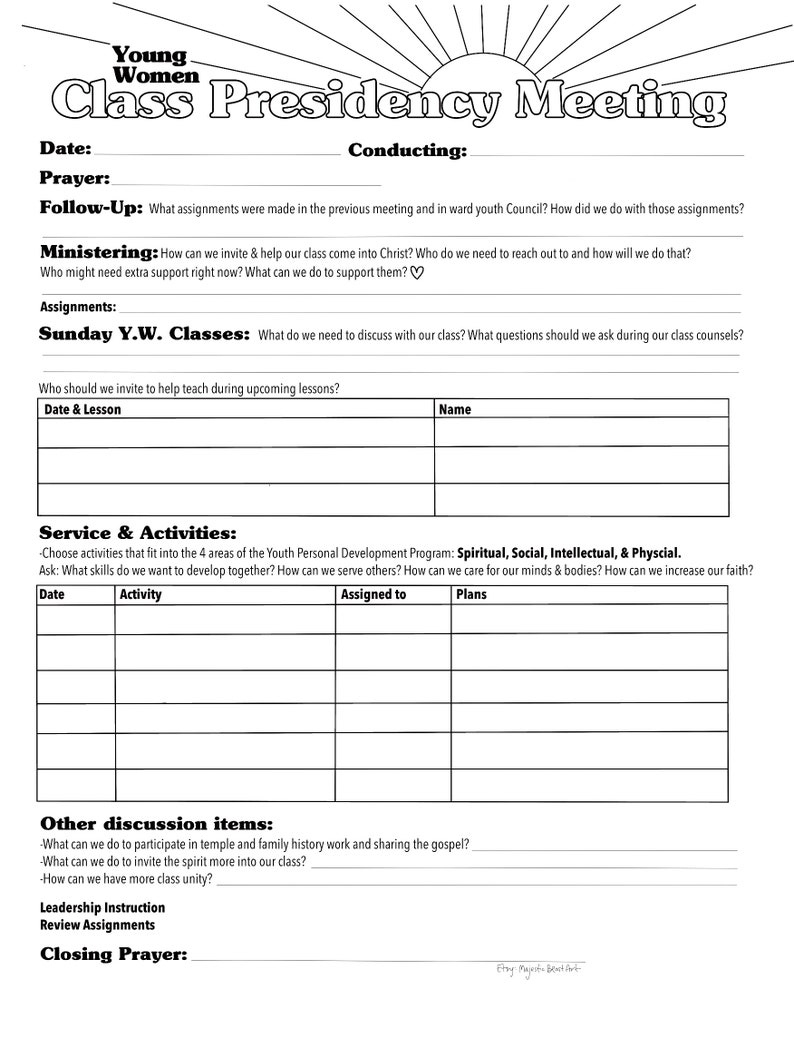 Class Presidency Meeting Agenda for Young Women. Church of Jesus Christ