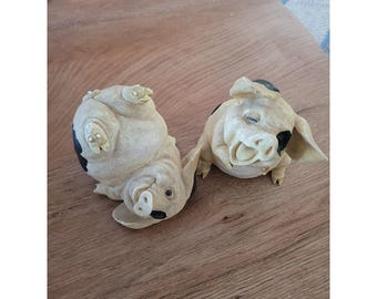 Juego de 2 figuras de cerámica de cerdo volteador con sello vintage