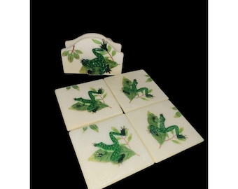 Juego de 4 posavasos de cerámica con diseño de rana en 3D, pintados a mano por A. Richesco, decoración para el hogar, 8,9 x 8,9 cm, estilo vintage