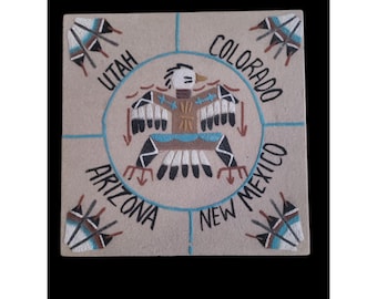 Pintura de arena de los nativos americanos navajos, cuatro esquinas, firmada, 8 x 8, suroeste