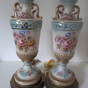 2 Matching Porcelain Gold Gilt Floral Hand Painted Table Lamps - Early 20C Vintage